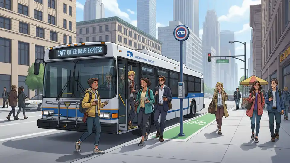 CTA bus at downtown Chicago stop with passengers boarding during daytime