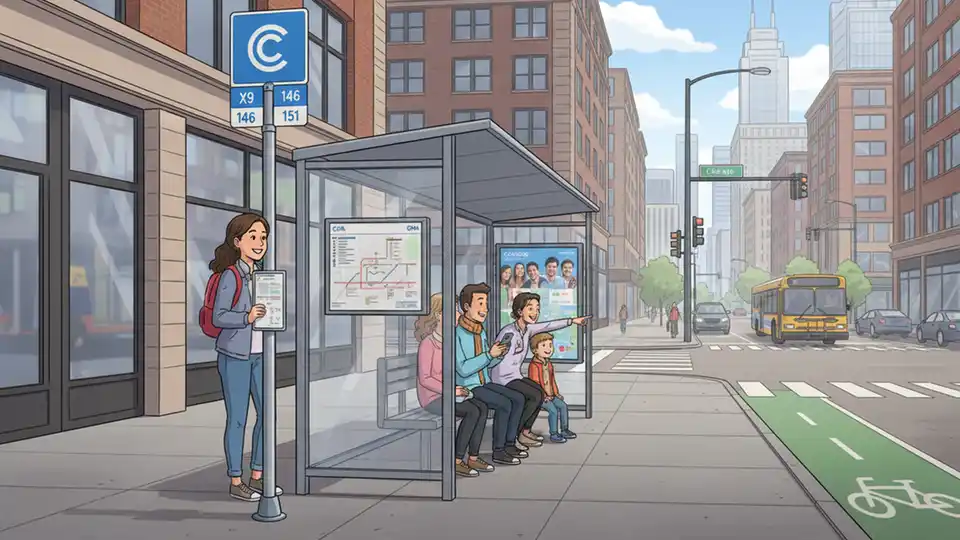 CTA bus stop sign and shelter at urban intersection with passengers waiting