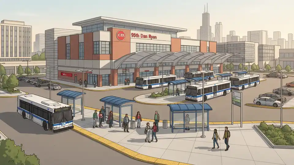 CTA 95th Street Red Line station exterior with bus stops and passenger boarding area