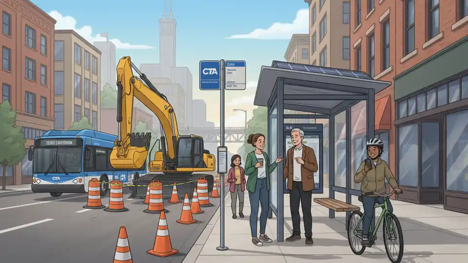 Construction equipment and orange safety cones near city bus stop