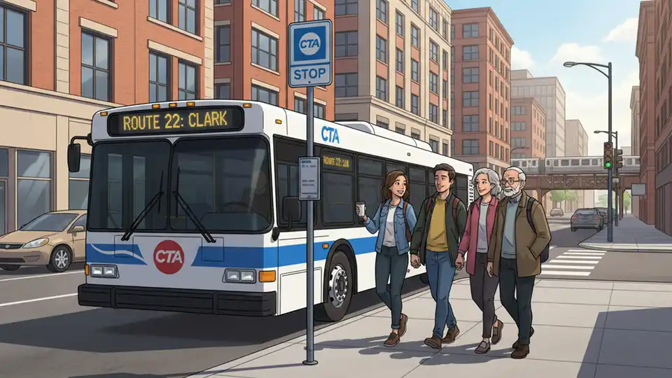 CTA bus at urban stop with passengers waiting on sidewalk
