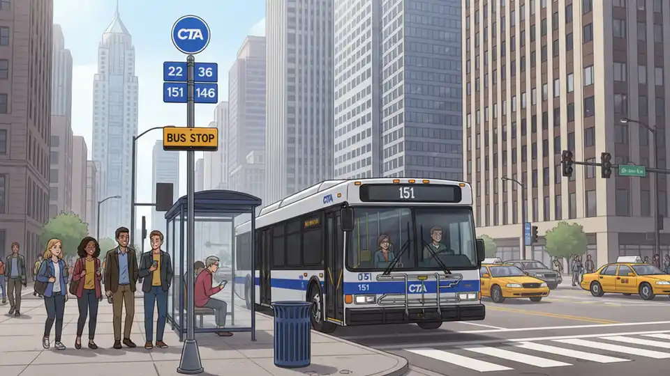 CTA bus stop sign at downtown Chicago intersection with route information and passengers boarding bus