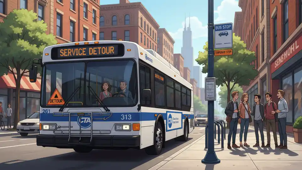 CTA bus at stop with passengers boarding during service detour in Chicago