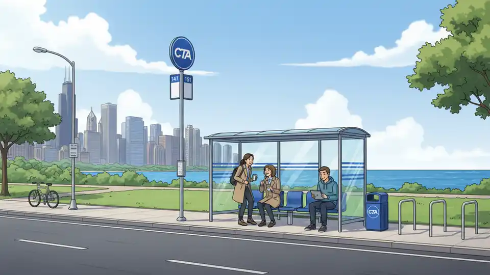 CTA bus stop sign and shelter on Inner Lake Shore Drive with passengers waiting