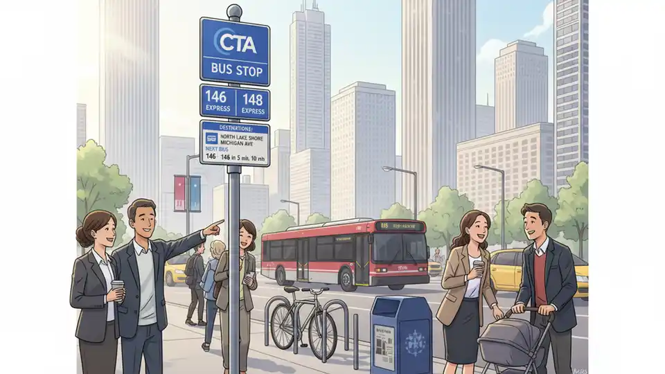 CTA bus stop sign showing route #146 and #148 express service information at downtown Chicago station