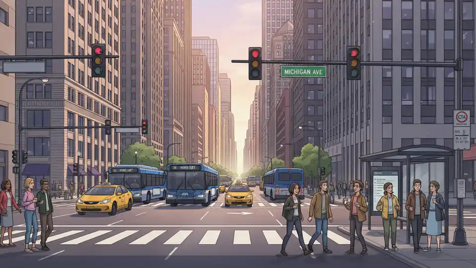 Chicago downtown intersection showing bus route signage and traffic signals at Michigan Avenue