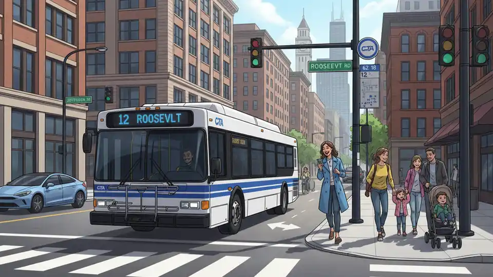 CTA bus at downtown Chicago stop near Roosevelt Road with Jefferson Street intersection visible