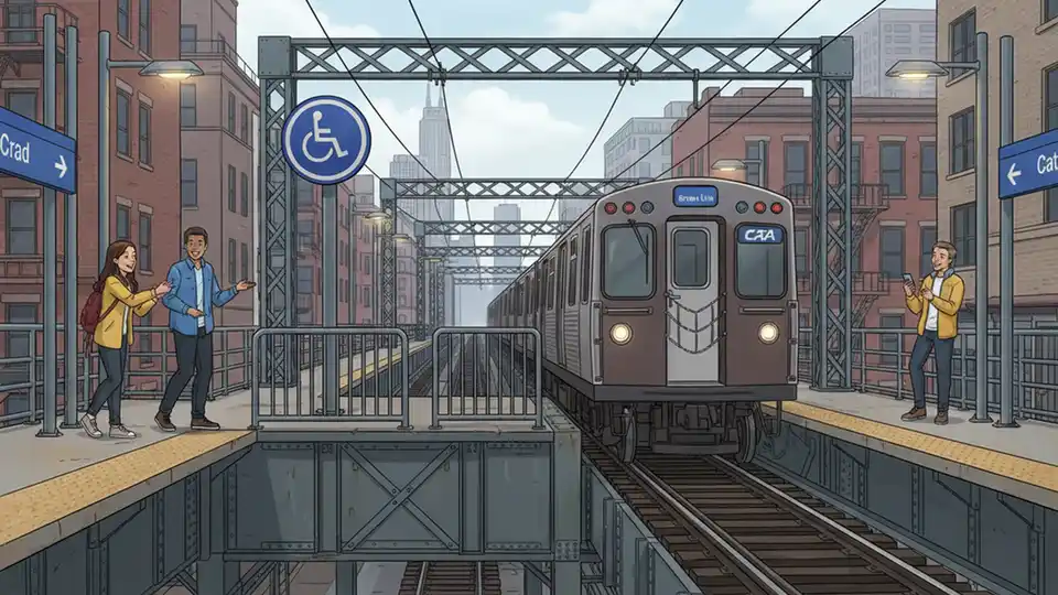 CTA Brown Line elevated train approaching station with accessible elevator signage