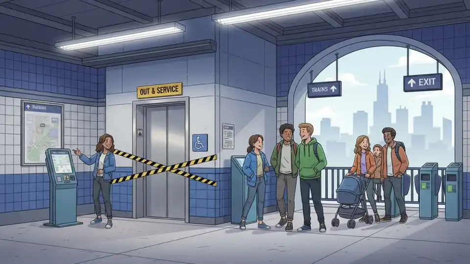 CTA station elevator with out of service sign and accessibility symbol