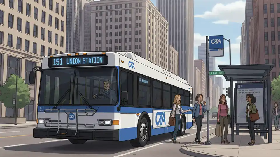 Chicago Transit Authority bus at downtown stop with route number display visible
