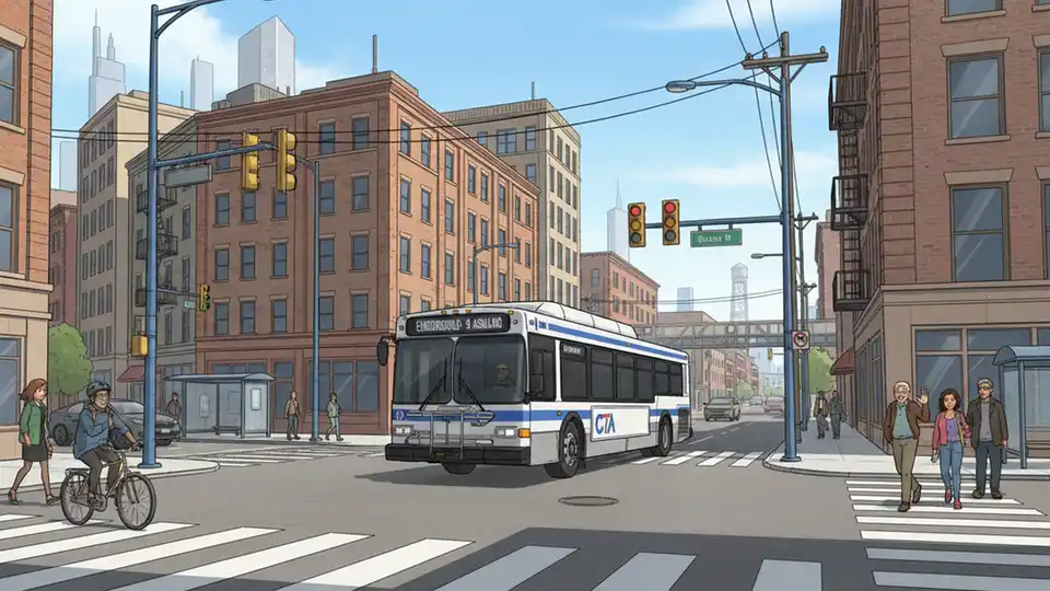 CTA bus navigating Chicago street intersection with urban buildings and traffic signals visible showing typical South Side transit corridor