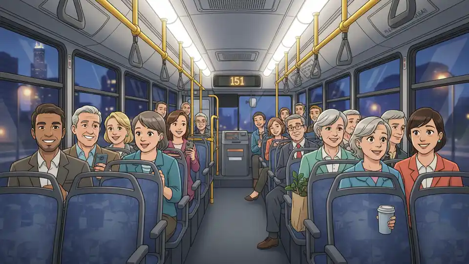 Interior view of CTA bus showing passengers seated during evening hours, with route number display visible at front of bus
