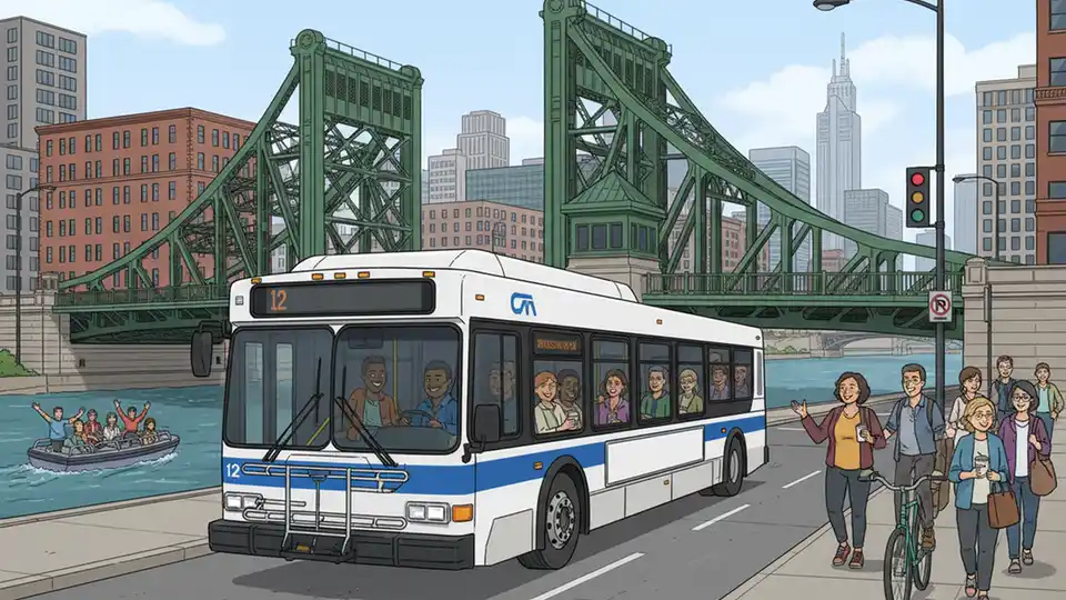 CTA bus on Roosevelt Road near the Chicago River with the Roosevelt Bridge visible in the background, daytime exterior shot showing the bridge structure