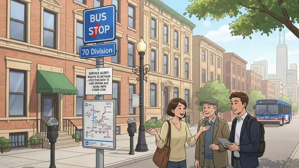 CTA bus stop sign for route 70 Division with service alert posted in Chicago neighborhood