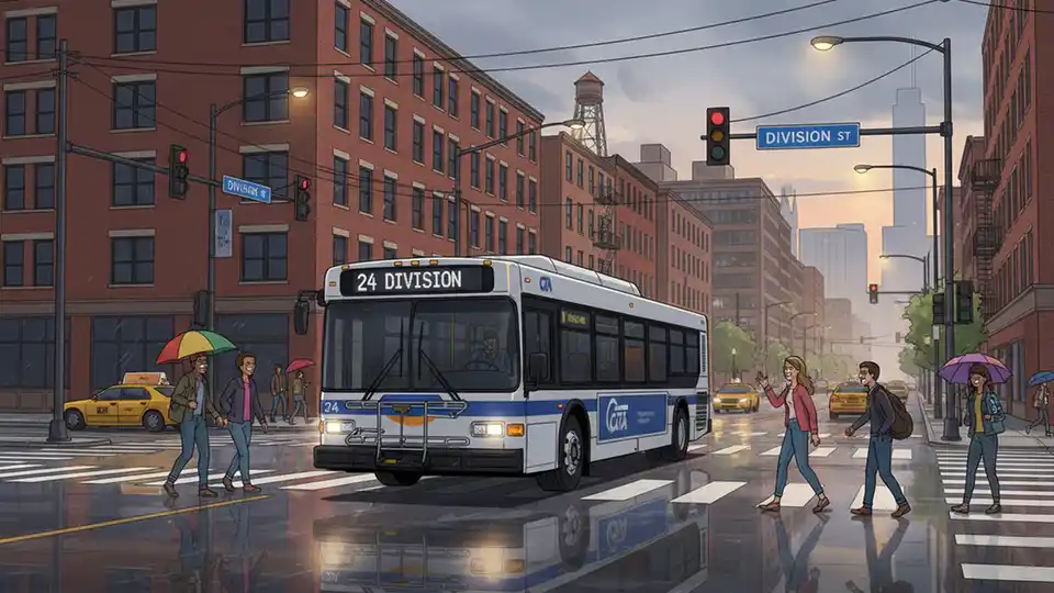 CTA bus on Division Street in Chicago navigating through urban intersection with wet pavement