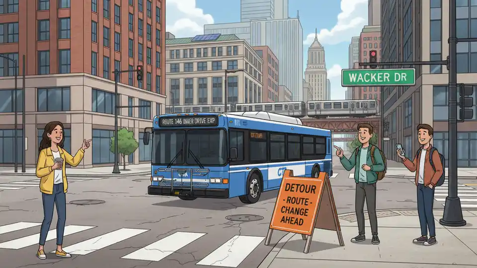Chicago Transit Authority bus at intersection with route detour in urban setting