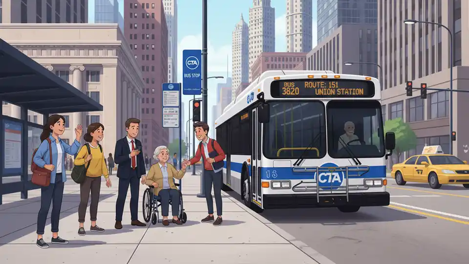 Chicago Transit Authority bus at downtown stop with passengers waiting to board