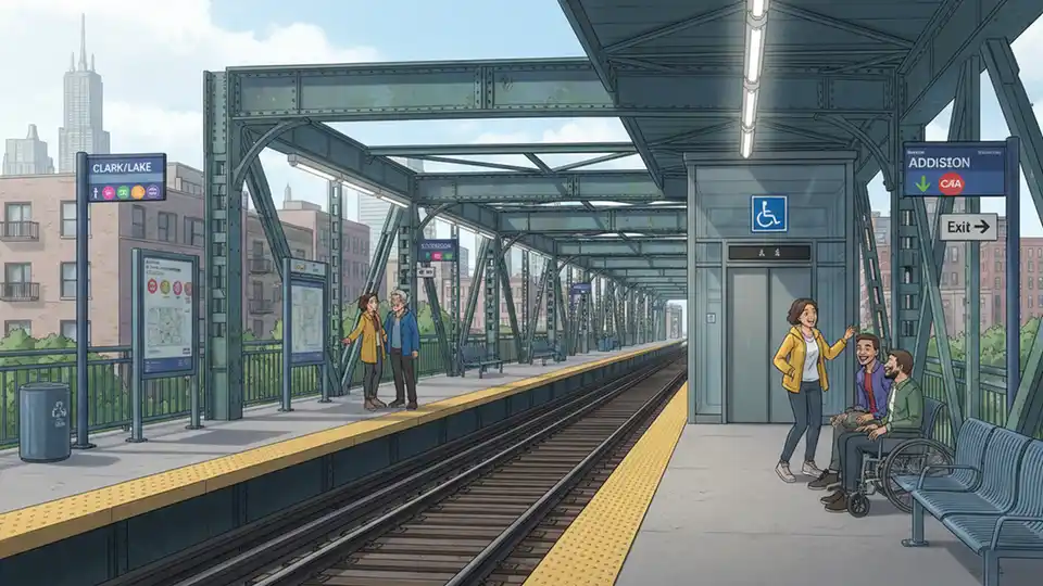 CTA rail platform with elevator entrance and accessibility signage, showing typical 'L' station architecture with platform, tracks, and wayfinding signs