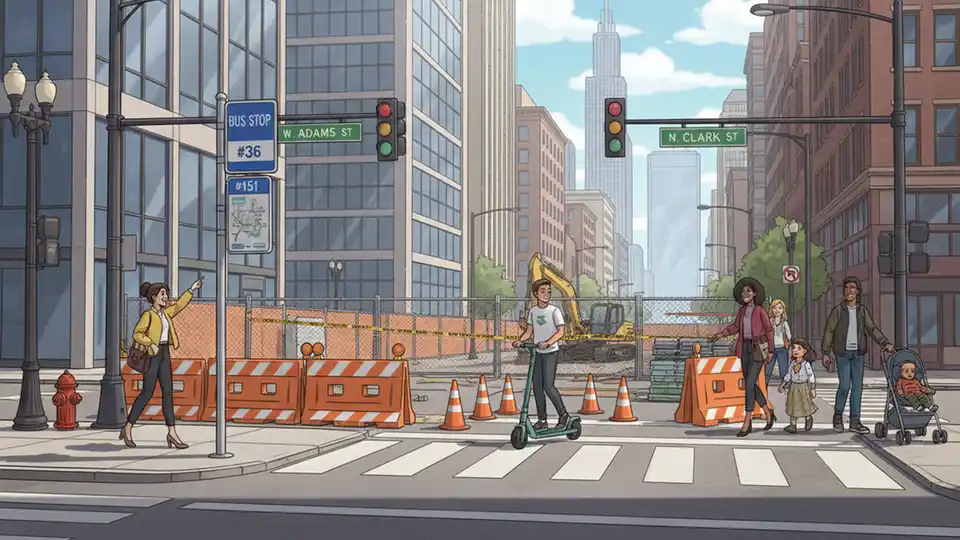 Chicago street intersection with CTA bus route signage and construction barriers