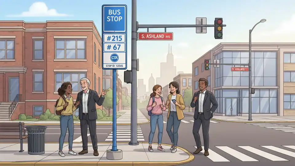 Street corner bus stop sign at 69th Street intersection in Chicago with multiple CTA route numbers displayed