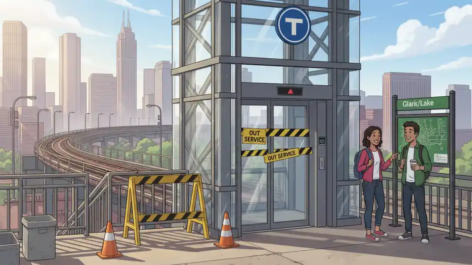 CTA elevator entrance at Chicago Green Line station with out of service signage