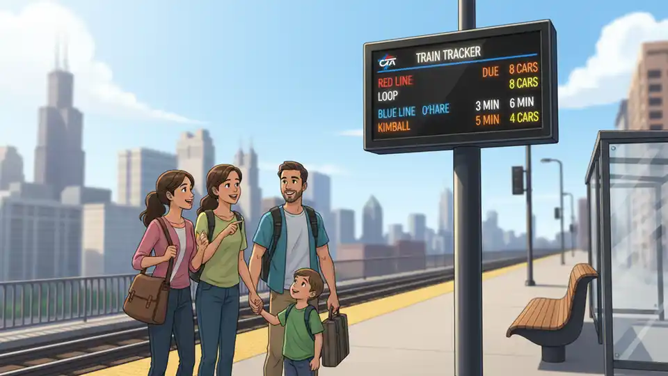 CTA Train Tracker display screen at rail station platform showing arrival information