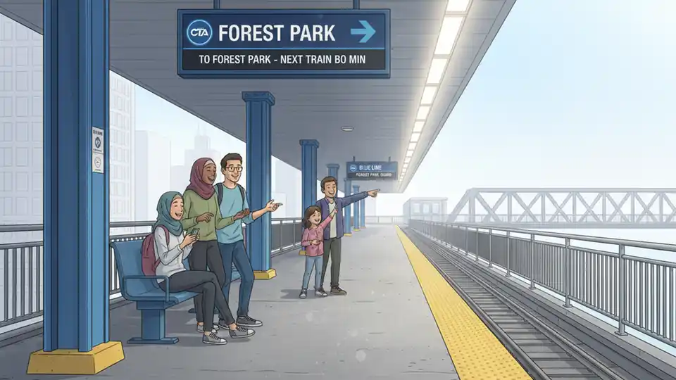 CTA Blue Line platform showing Forest Park-bound side with directional signage and waiting passengers