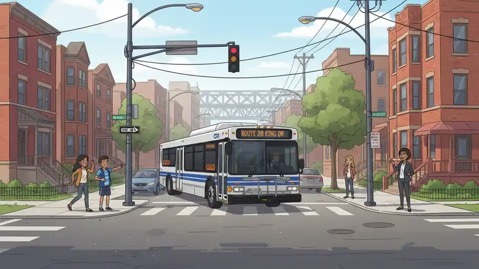 Chicago CTA bus navigating detour route on South Side street with traffic signals and residential buildings
