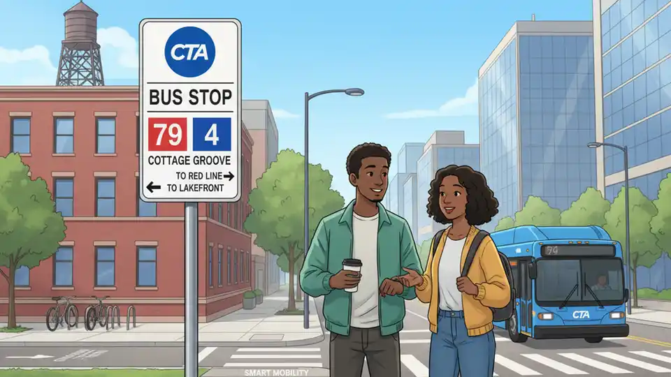CTA bus stop sign showing route numbers 79 and 4 with Chicago Transit Authority branding at South Side location