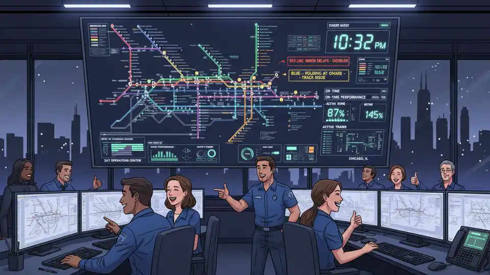 CTA control center display board showing service alerts and train positions, transit workers monitoring screens, professional operations environment, focus on real-time system status