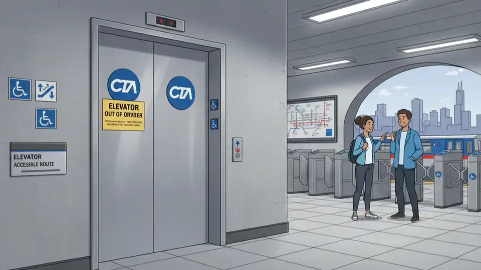 CTA elevator at rail station with out of service notice posted, showing typical Chicago Transit Authority elevator design and accessibility signage