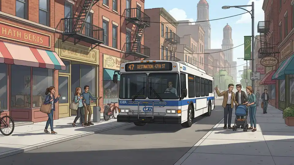 CTA bus route 47 traveling on Chicago's South Side street with urban storefronts visible