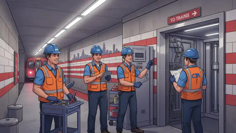 Chicago Transit Authority elevator maintenance work at a downtown Red Line station, showing repair crews and accessibility equipment with CTA branding visible