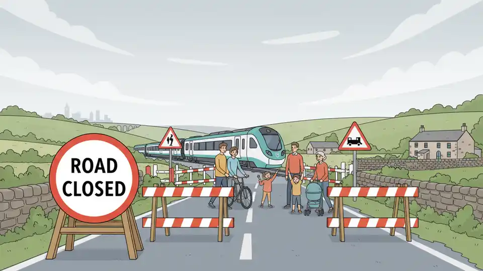 Road closed sign with construction barriers on rural Yorkshire road near railway crossing