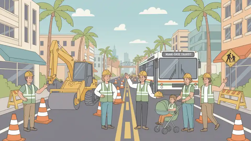 Construction equipment and orange traffic cones on urban roadway with bus approaching in distance