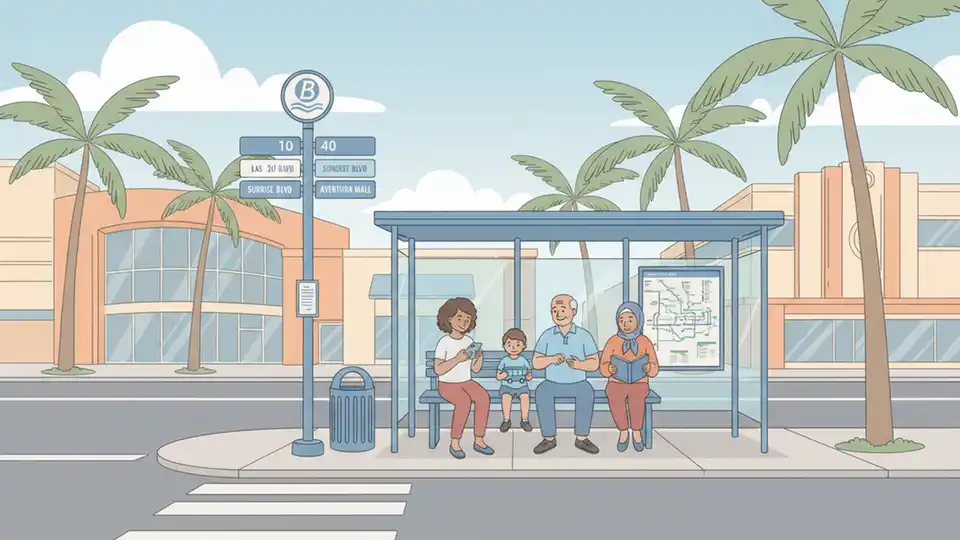 Broward County Transit bus stop sign with route information and shelter on urban street corner