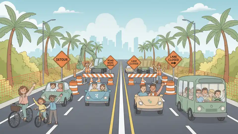 Construction zone on multi-lane road with traffic cones and detour signage