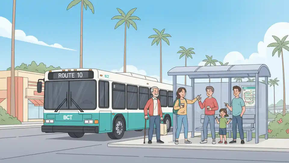 Broward County Transit bus on route with passengers waiting at a covered bus stop