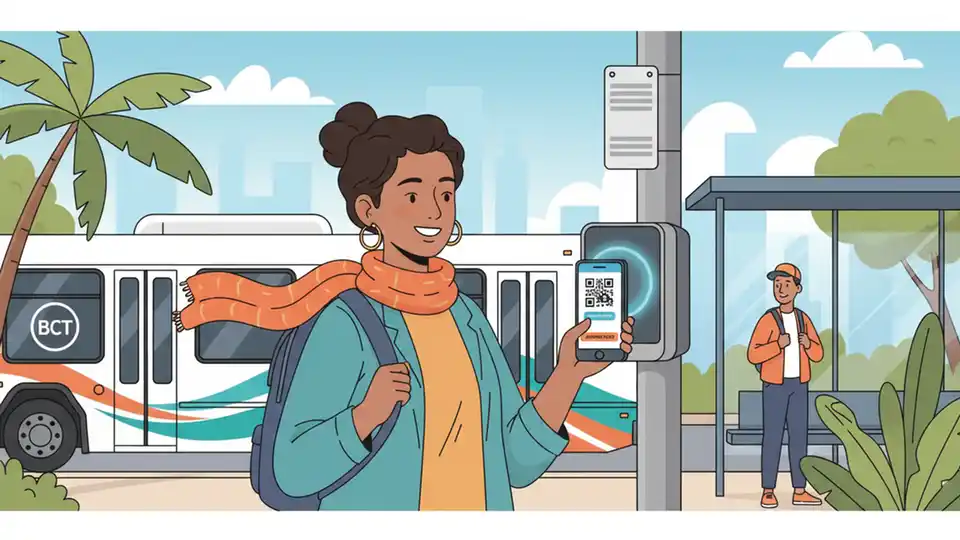 Transit rider holding smartphone showing activated mobile ticket at bus fare validator with Broward County Transit bus in background