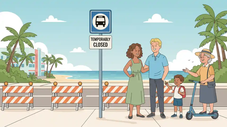 Bus stop sign with 'Temporarily Closed' notice on A1A roadway with construction barriers visible in background
