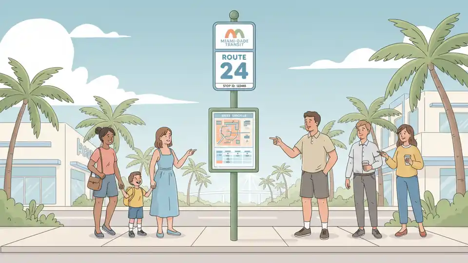 Bus stop sign with route number and schedule information posted
