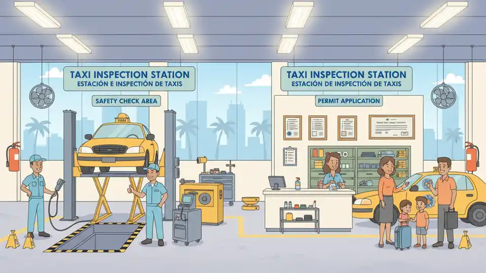 Taxi vehicle inspection station with safety inspection equipment and permit decal application area