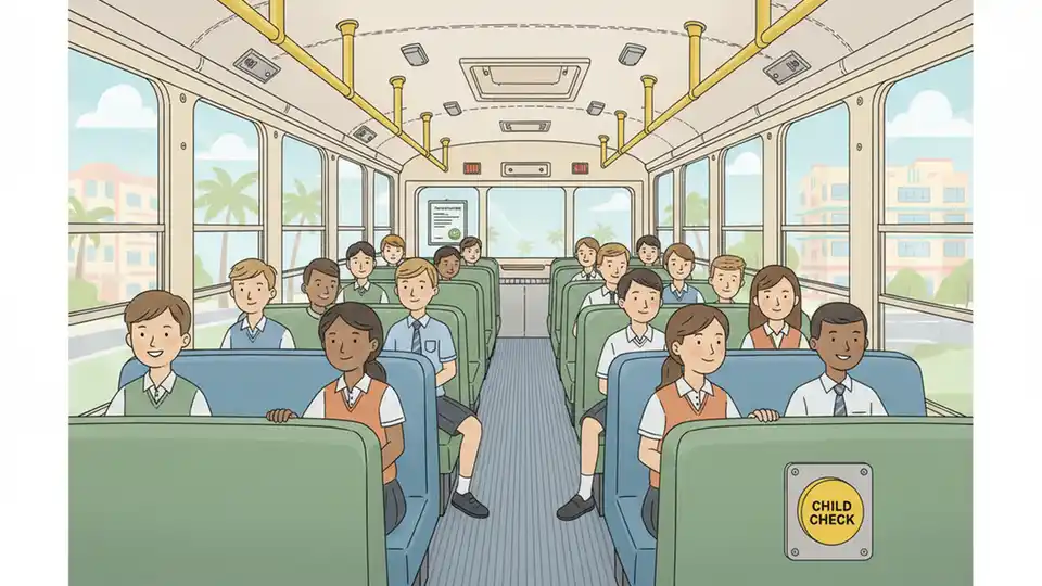 Private school bus interior showing child safety alarm system and seating configuration, inspection certificate mounted near driver area