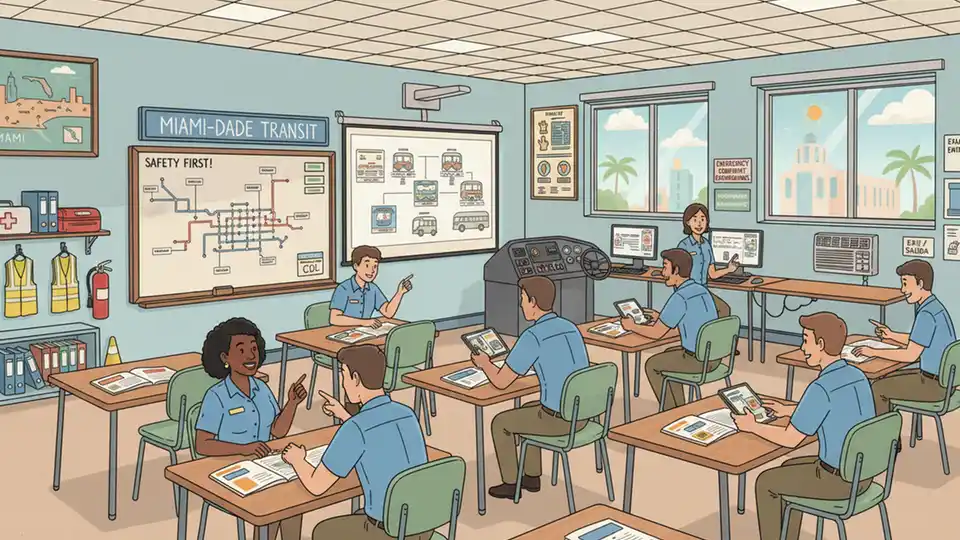 Bus operator training classroom with CDL testing materials and transit safety equipment