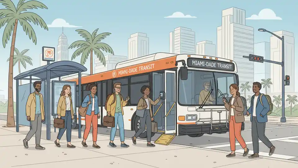 Miami-Dade Transit bus at downtown Miami stop with passengers boarding using EASY Cards