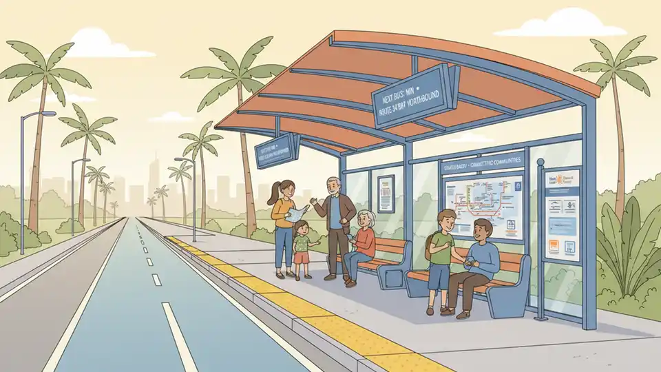 Modern BRT station platform along South Dade TransitWay showing level boarding design, digital displays, and covered waiting area