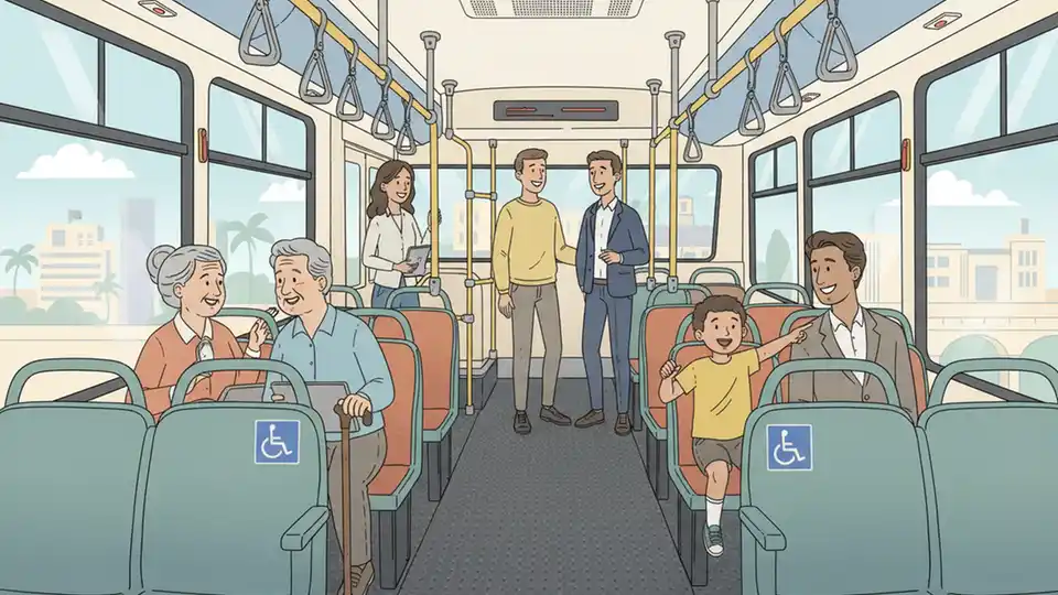 Miami-Dade Transit bus interior showing safety signage and passenger seating area