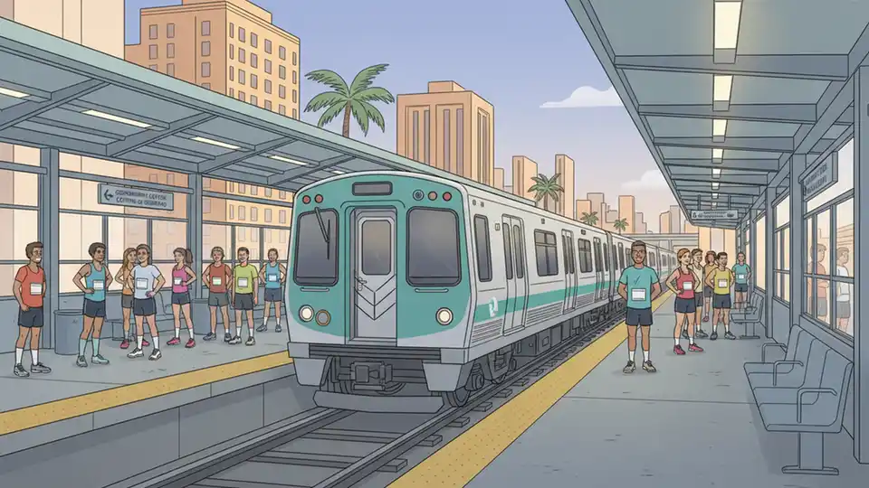Miami Metrorail train at downtown station platform during early morning hours with marathon participants visible in background