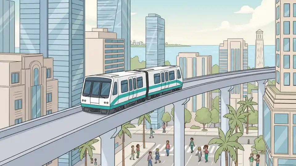 Miami Metromover train on elevated track in downtown Miami with city skyline and Biscayne Bay visible