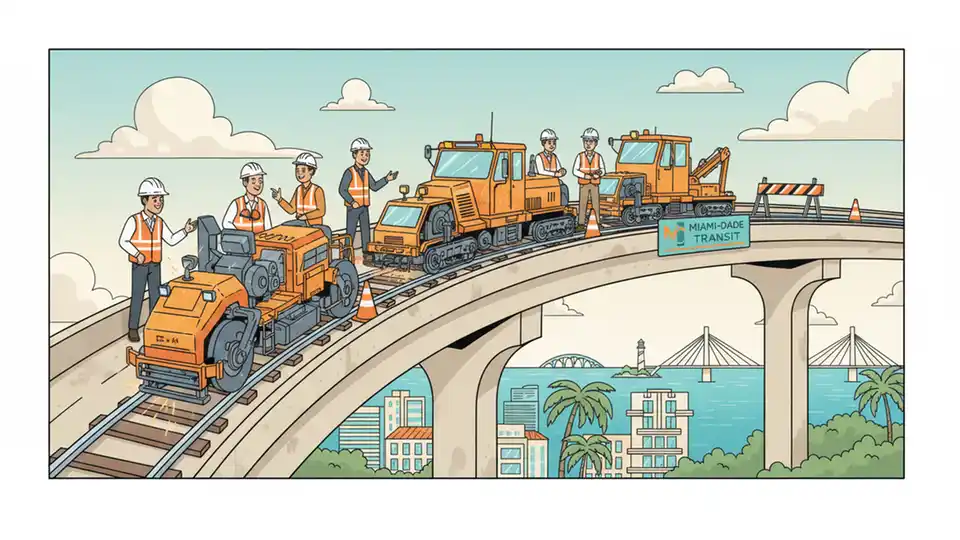 Metrorail track maintenance equipment and workers performing guideway upgrades on elevated rail line